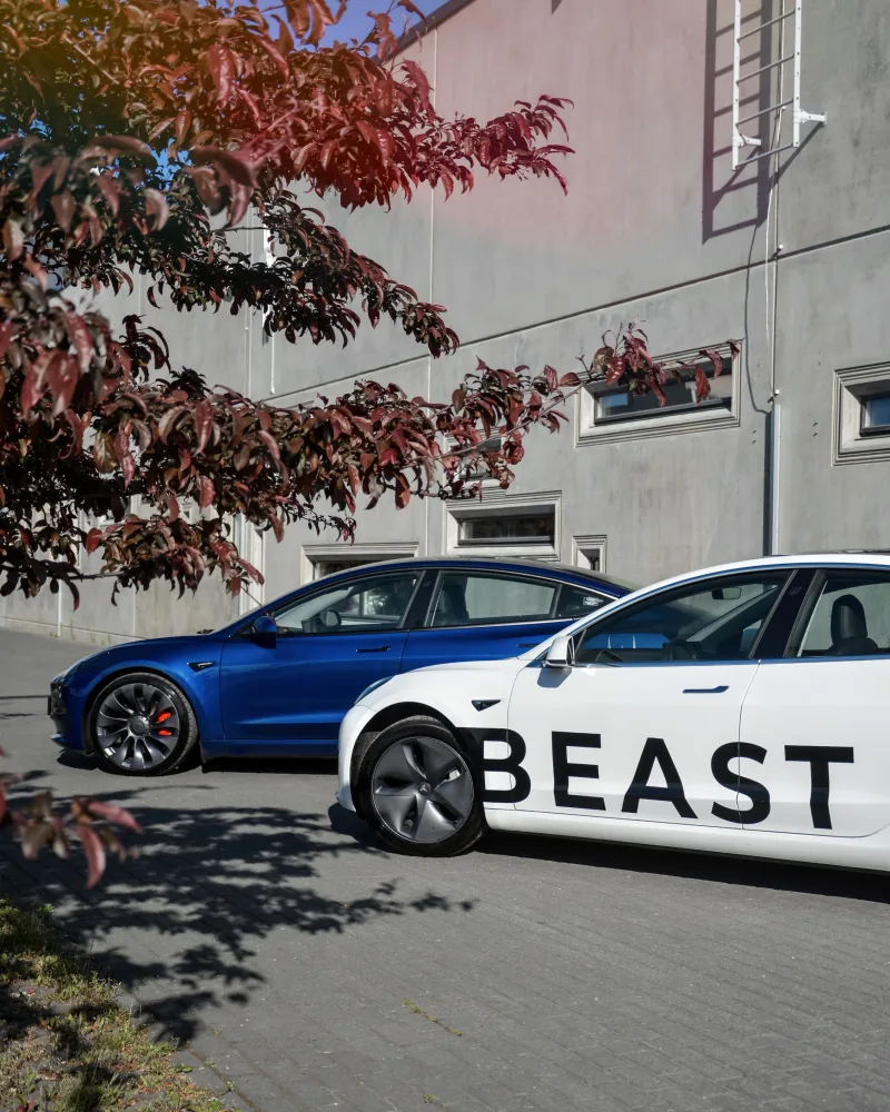 Sinine ja valge Tesla Model 3 Tallinnas halli hoone ees, valge auto küljel on kiri BEAST.